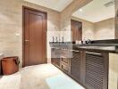 Modern bathroom with double sink and wooden accents