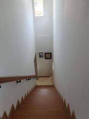 Staircase with wooden steps and wall-mounted artworks