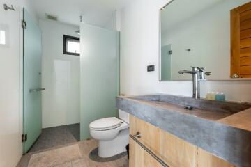 Modern bathroom with glass shower, toilet, and sink with wooden cabinet