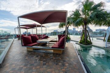 Rooftop outdoor area with seating and pool