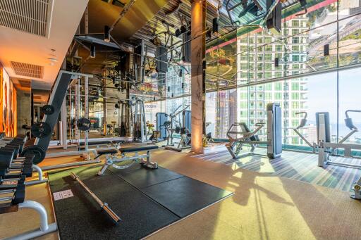 Luxurious high-rise gym with modern equipment and city views