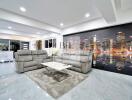 Modern living room with cityscape wall art and gray sofas