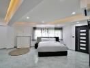 Modern bedroom with marble flooring, ceiling lights, and a large bed