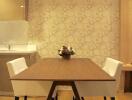 Dining area with wooden table and white chairs