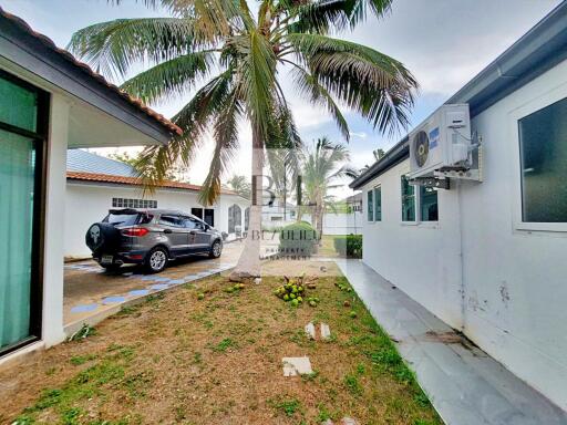 View of an outdoor space with a coconut tree, a house exterior, and a parked car