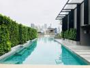 Modern apartment building with rooftop swimming pool