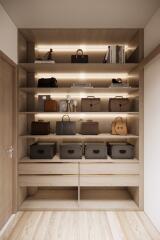 Large walk-in closet with shelves and storage bins