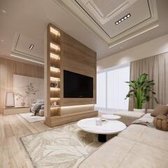 Modern living area with built-in entertainment space and decor