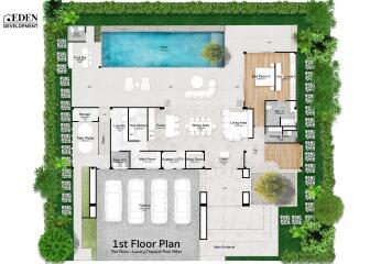 First floor plan of a luxury tropical pool villa