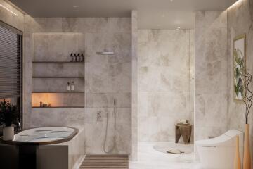 Modern bathroom with walk-in shower, bathtub, and wall-mounted toilet