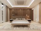 Modern and spacious bedroom with wooden accents