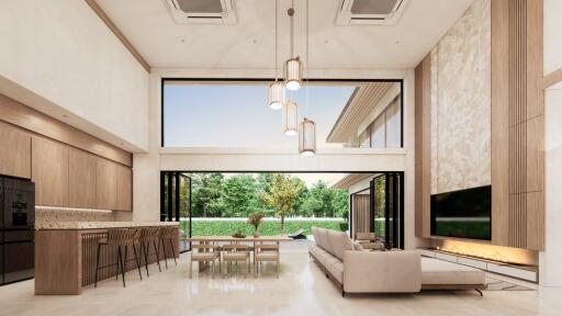 Modern living room with high ceiling, large windows, and open layout