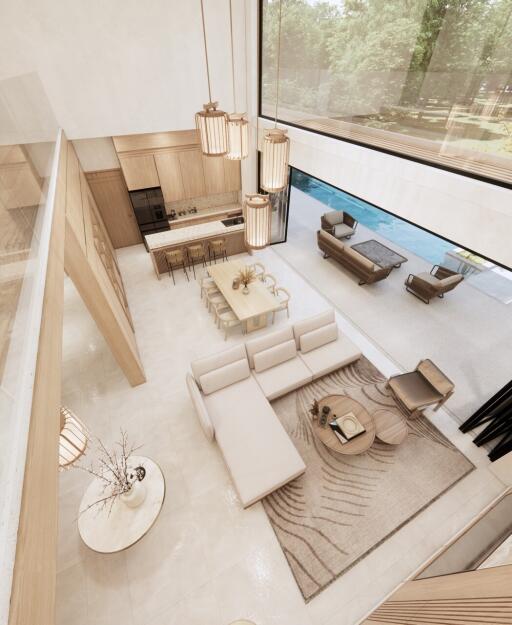 Modern double-height living room with open kitchen, dining area, and outdoor view.