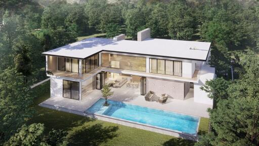 Modern luxury villa with large pool and lush greenery