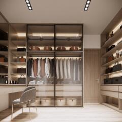 Modern walk-in closet with open shelving and storage