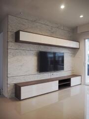 Modern living room with flat screen TV and stylish shelving