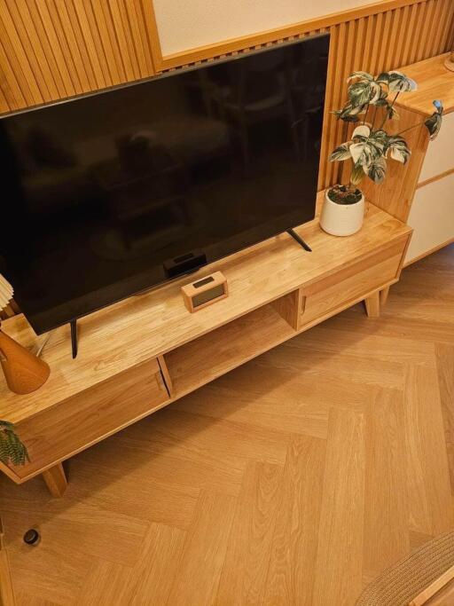 Modern living room with wooden TV stand and flat-screen TV