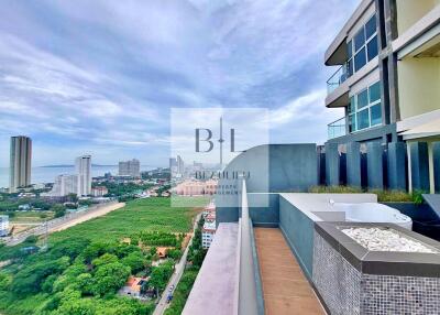 Spacious balcony with scenic city and landscape views