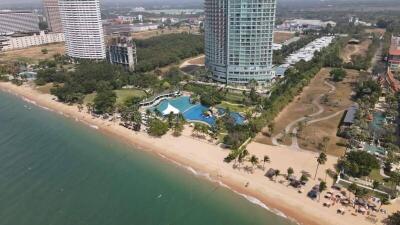 Aerial view of beachfront buildings