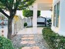 Beautiful garden with stepping stones and green plants