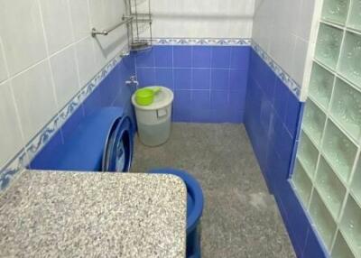 Photo of a bathroom with blue and white tiles, a granite countertop, and a washing machine.