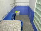 Photo of a bathroom with blue and white tiles, a granite countertop, and a washing machine.