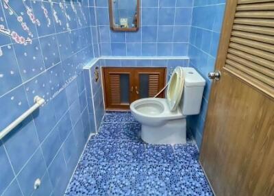 Bathroom with blue tiles and toilet
