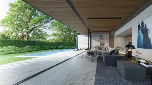 Contemporary living area with outdoor pool view
