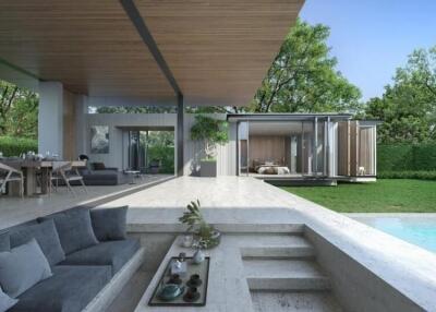 Modern outdoor living space with pool and garden