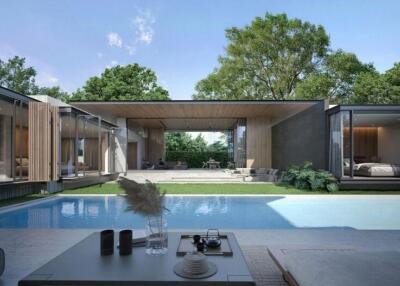 Modern building with pool and outdoor living area