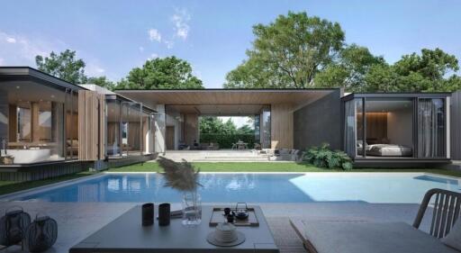 Modern building with pool and outdoor living area