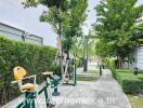 Outdoor gym equipment and greenery