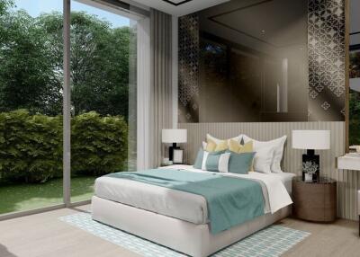 Modern bedroom with large windows and garden view