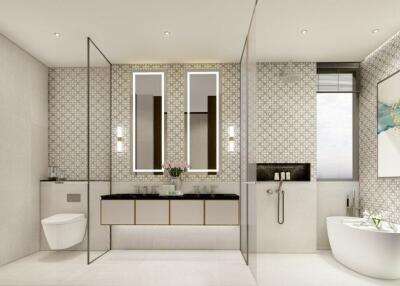 Modern bathroom with dual sinks, wall-mounted toilet, walk-in shower, bathtub, and decorative wall art.