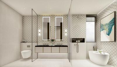 Modern bathroom with dual sinks, wall-mounted toilet, walk-in shower, bathtub, and decorative wall art.