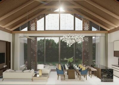 Spacious living room with high ceiling, large windows, combined dining area, and modern kitchen