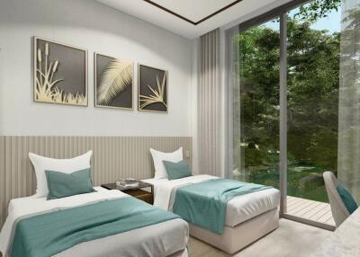 Modern bedroom with twin beds and large window overlooking greenery