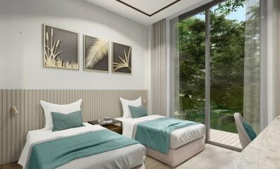 Modern bedroom with twin beds and large window overlooking greenery