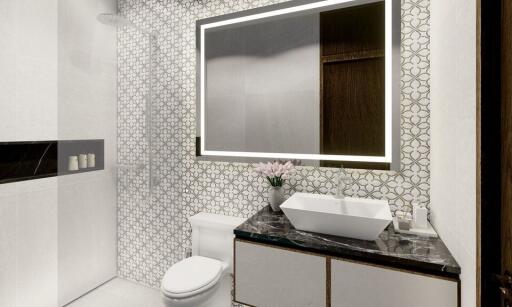 Modern bathroom with decorative tiles, illuminated mirror, and a vessel sink