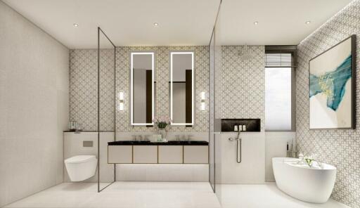 Modern bathroom with double sink, bathtub, and shower area