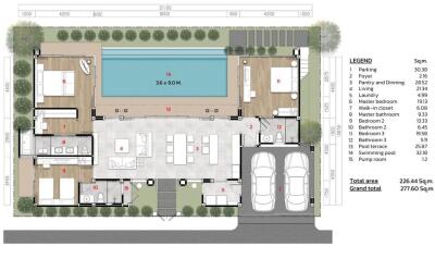 Floor plan of a modern house with pool and multiple rooms