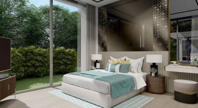 Modern bedroom with large windows and garden view