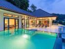 Modern house with a pool and outdoor seating area