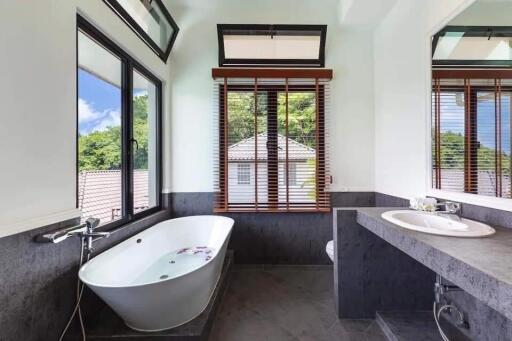 Modern bathroom with a bathtub and large windows