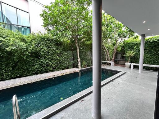 Outdoor pool area with greenery