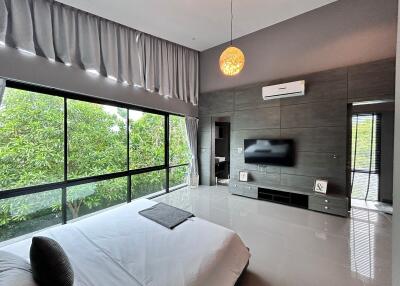 Modern bedroom with large windows and natural light