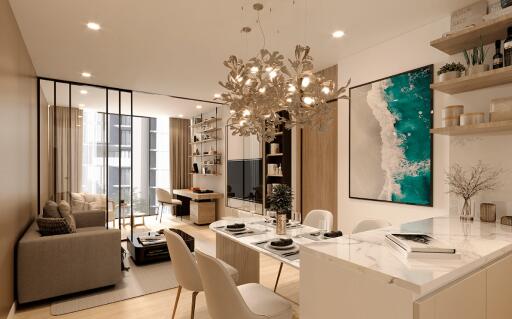 Modern open-concept living room with dining area and kitchen