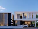 Modern two-story house with garage and cars