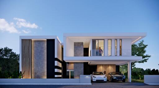 Modern two-story house with garage and cars