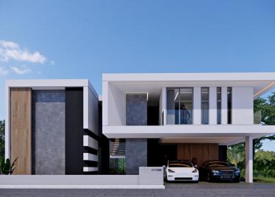 Modern two-story house exterior with a garage